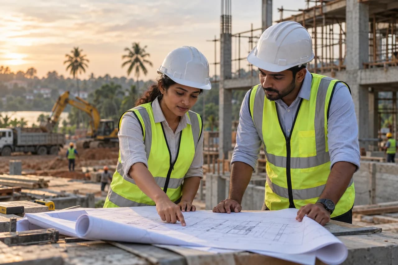 Illustrative engineers reviewing construction plans
